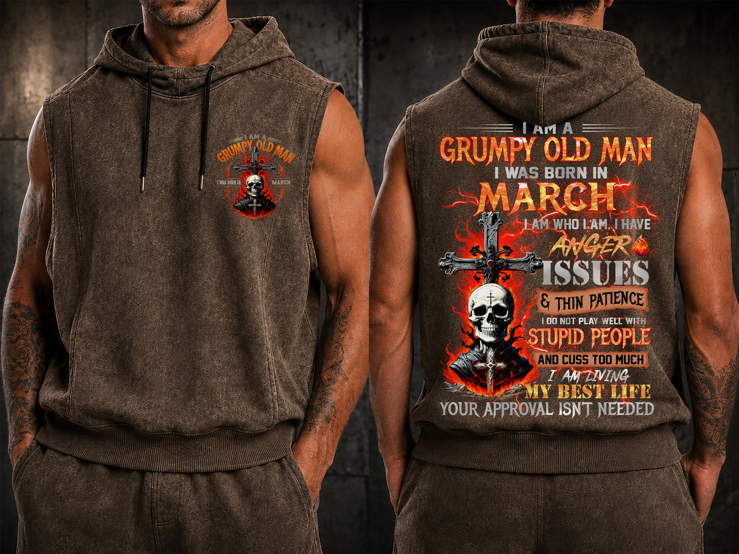 MARCH - GRUMPY OLD MAN - FULLY PRINTED HOODED VEST - PERFECT GIFT FOR MEN DTSM03 (SKU2607-07-03)