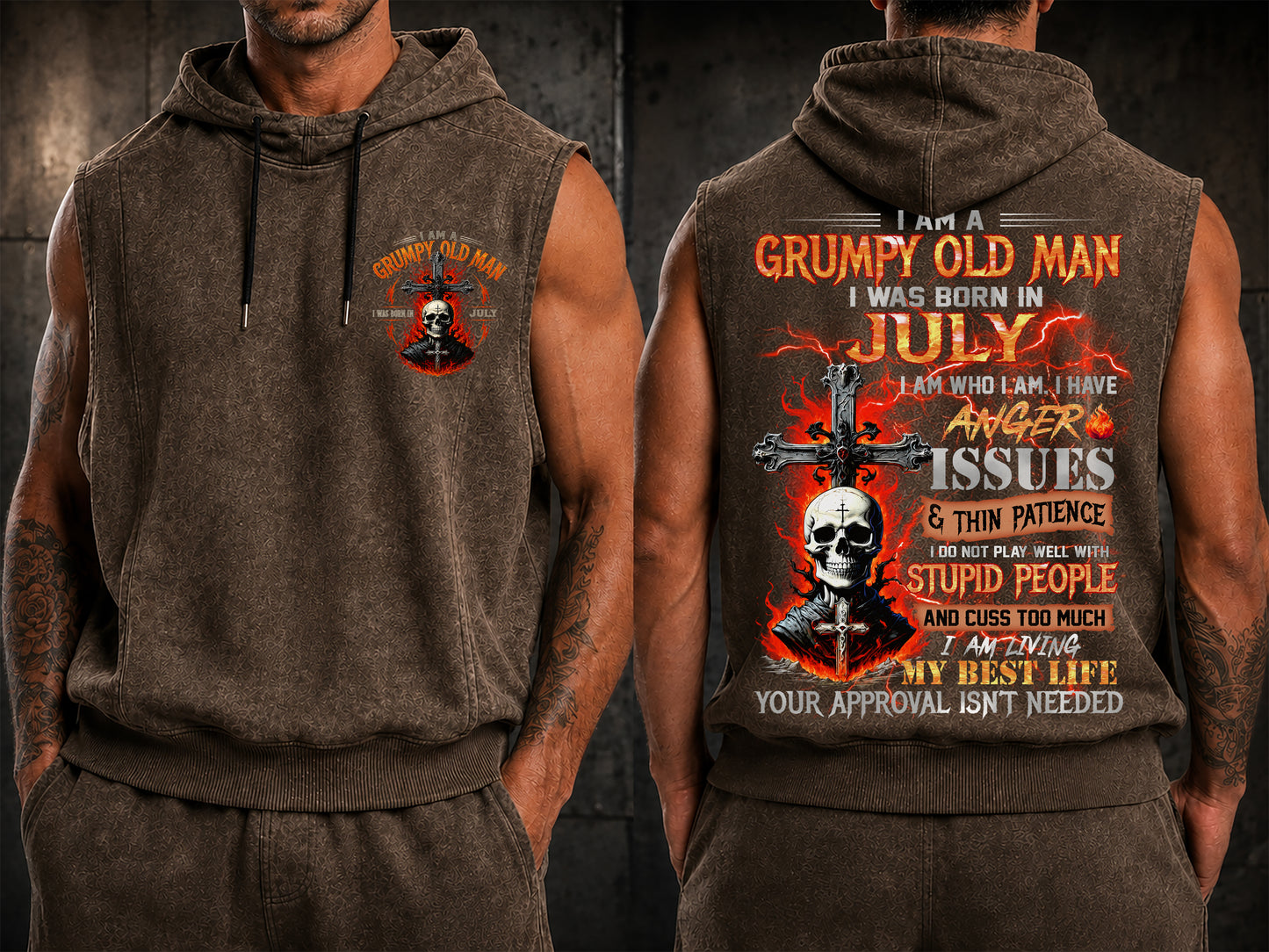 JULY - GRUMPY OLD MAN - FULLY PRINTED HOODED VEST - PERFECT GIFT FOR MEN DTSM07 (SKU2607-07-07)