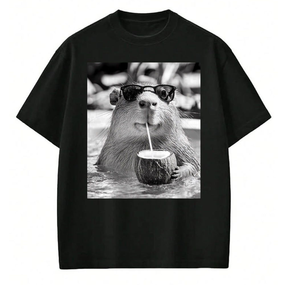 Cute Capybara Shirt, Funny Capybara Unisex T-Shirt/Hoodie/Sweatshirt HLT00 - Capybara Selfie with Sunglasses and Coconut Drink T-Shirt