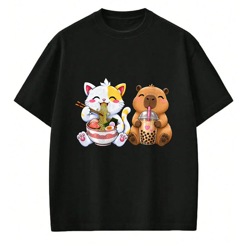 Cute Capybara Shirt, Funny Capybara Unisex T-Shirt/Hoodie/Sweatshirt HLT00 - Cute Cat Capybara Ramen Boba Kawaii Anime Noodle Bubble Tea T-Shirt