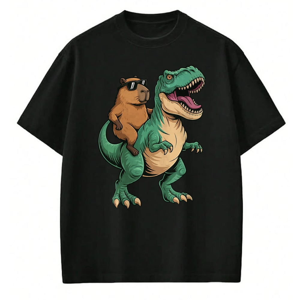 Cute Capybara Shirt, Funny Capybara Unisex T-Shirt/Hoodie/Sweatshirt HLT00 - Capybara Riding T-Rex T-Shirt