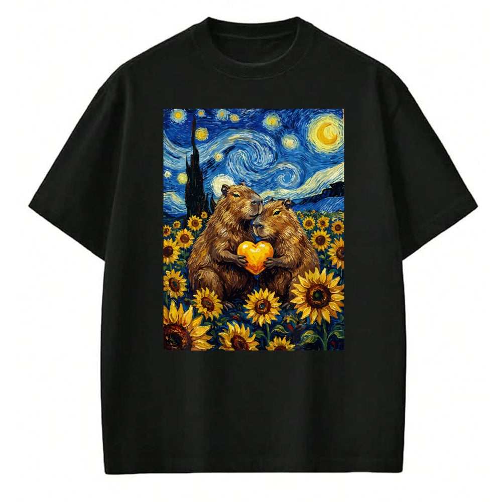 Cute Capybara Shirt, Funny Capybara Unisex T-Shirt/Hoodie/Sweatshirt HLT00 - Capybara Starry Night with Heart and Sunflowers Long Sleeve T-Shirt