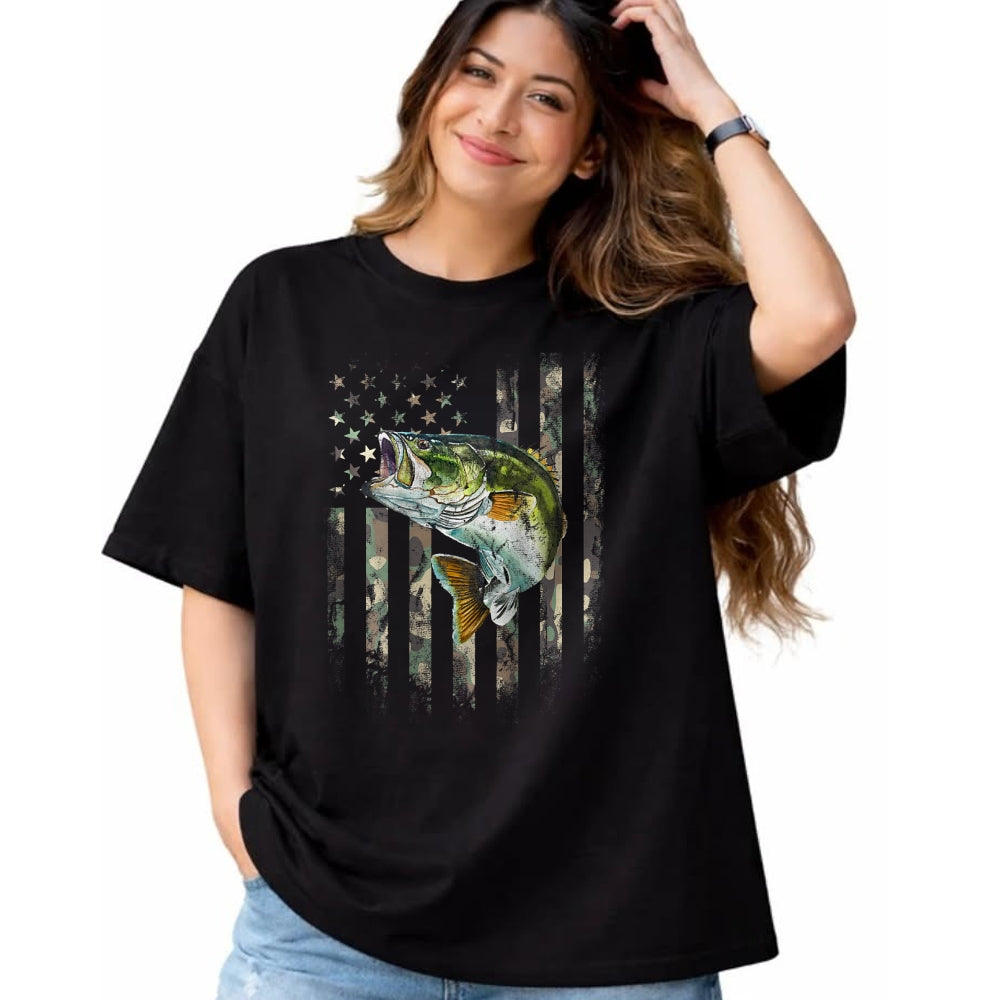 Funny Fishing Shirt, Gift For Fishing Lover Unisex T-Shirt/Hoodie/Sweatshirt HLT00 - (Art on Back) American Flag Camo Bass Fish Fishing T-Shirt