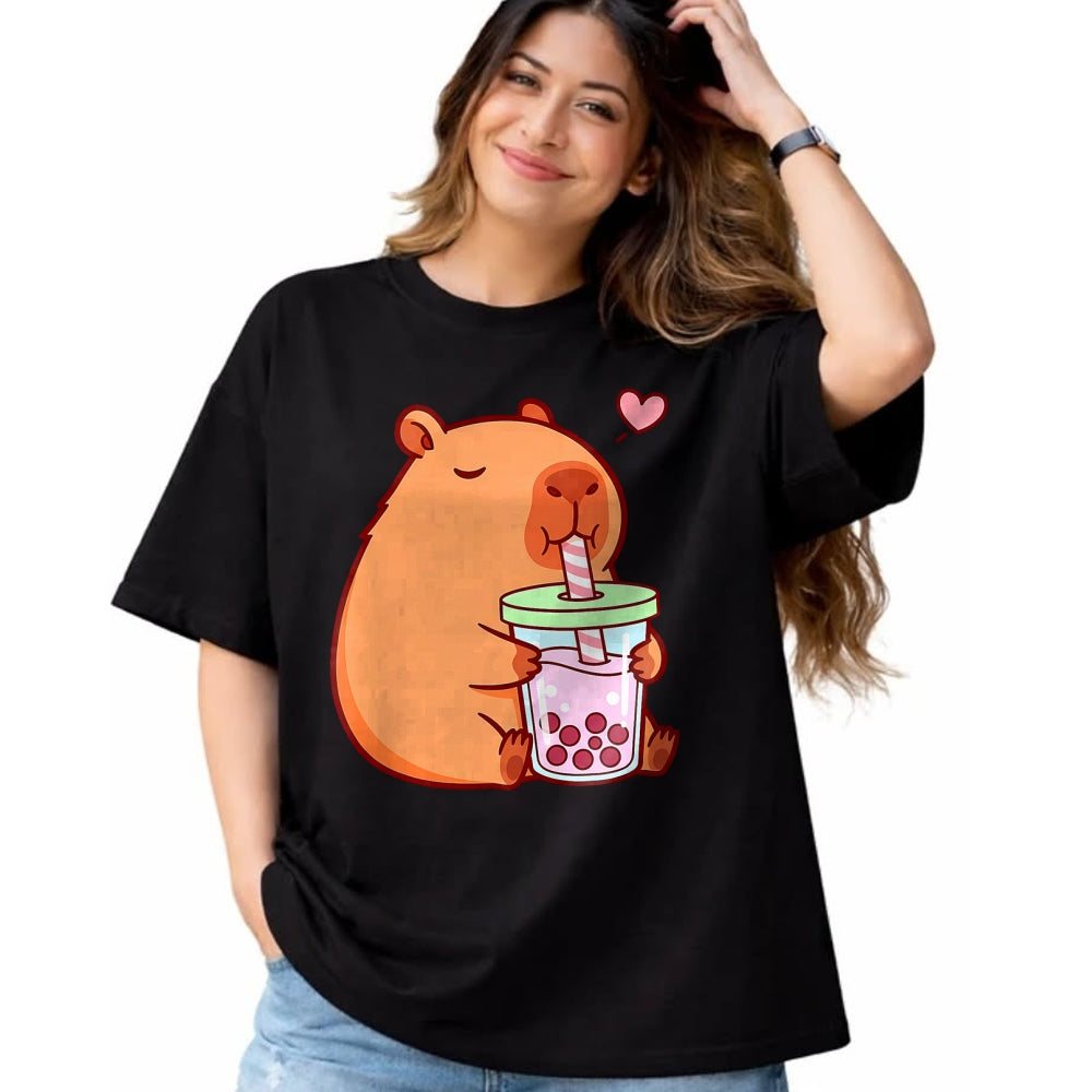 Cute Capybara Shirt, Funny Capybara Unisex T-Shirt/Hoodie/Sweatshirt HLT00 - Cute Capybara Kawaii Anime Girls Drinking Boba Tea Lover T-Shirt
