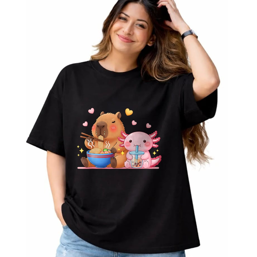 Cute Capybara Shirt, Funny Capybara Unisex T-Shirt/Hoodie/Sweatshirt HLT00 - Cute Capybara Ramen and Axolotl Boba Kawaii Boys Girls Kids T-Shirt
