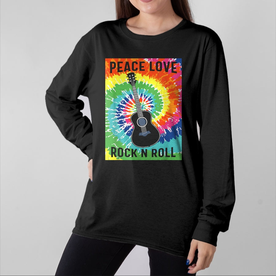Guitar Lover Shirt, Funny Guitar UnisexT-Shirt/Hoodie/Sweatshirt HLT00 - Peace Love Rock n Roll Tie Dye Hippie Guitar Music Retro T-Shirt