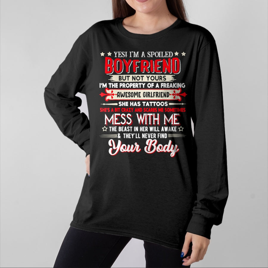 Best Wife Shirt, Wife and Husband Unisex T-Shirt/Hoodie/Sweatshirt HLT00 - Yes I'm A Spoiled Boyfriend Property Of Awesome Girlfriend T-Shirt