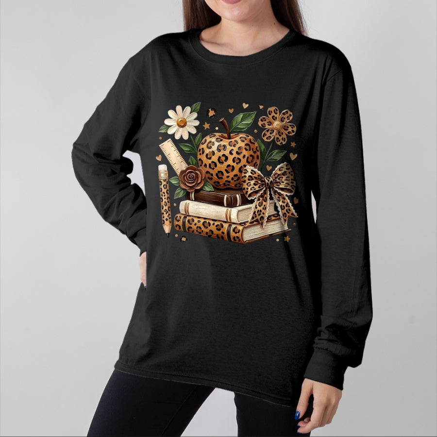 Best Student Shirt, Funny Back To School UnisexT-Shirt/Hoodie/Sweatshirt HLT00 - Leopard Apple Floral Coquette Bow Book Pencil Back to School T-Shirt, Women, White, Medium