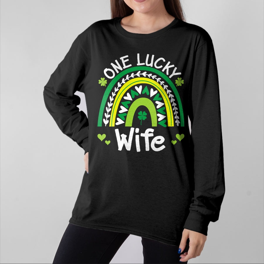 Best Wife Shirt, Wife and Husband Unisex T-Shirt/Hoodie/Sweatshirt HLT00 - Gift for wife T shirt, lucky wife Womens One Lucky Wife Boho Rainbow St Patricks Day Shamrock V-Ne
