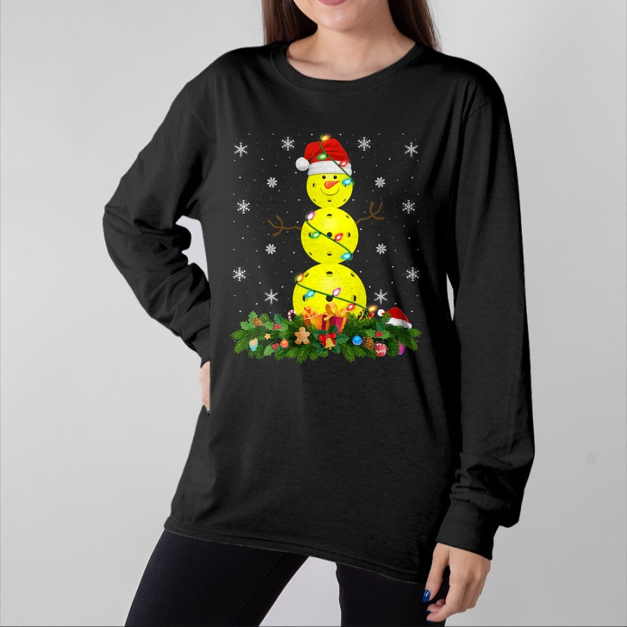 Funny Pickleball Shirt, Pickleball Lover Unisex T-Shirt/Hoodie/Sweatshirt HLT00 - Womens Pickleball Snowman Xmas Lighting Santa Pickleball Christmas V-Neck T-Shirt