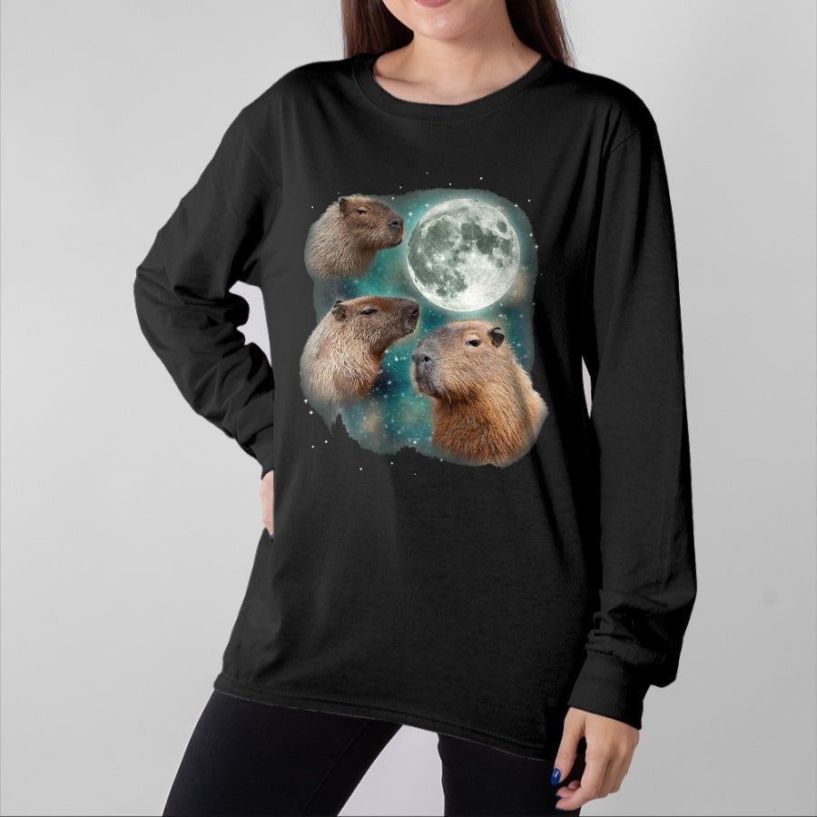 Cute Capybara Shirt, Funny Capybara UnisexT-Shirt/Hoodie/Sweatshirt HLT00 - 3 Capybara Moon Giant Rodents Weird Howling Parody T-Shirt, Men, Black, 3X-Large