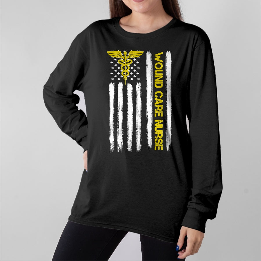 Funny Nurse Shirt, Nurse Unisex T-Shirt/Hoodie/Sweatshirt HLT00 - American Flag Wound Care Nurse Nursing Department Wound T-Shirt