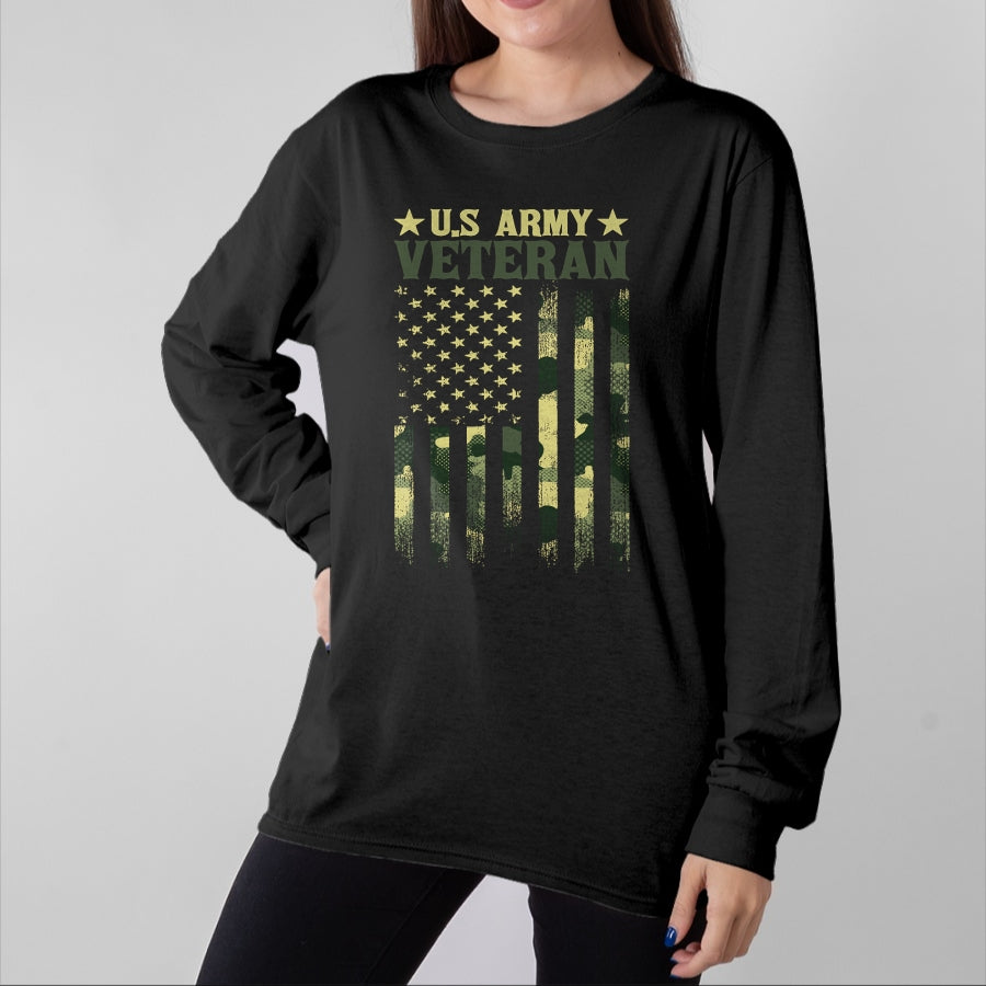 Proud Veteran Shirt, Funny Veteran UnisexT-Shirt/Hoodie/Sweatshirt HLT00 - US Army Veteran Patriotic Military Camouflage American Flag Long Sleeve T-Shirt