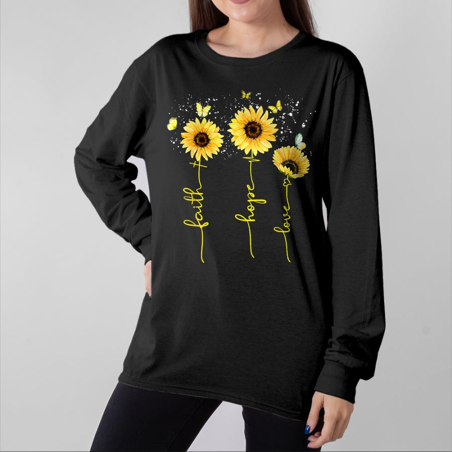 Christian Tee, Christian Faith Unisex T-Shirt/Hoodie/Sweatshirt HLT00 - Christian for Women Sunflower Faith Hope Love T-Shirt