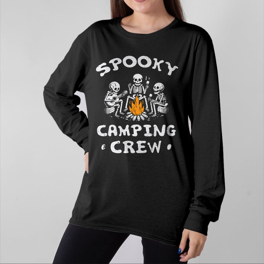 Funny Camping Shirt, Gift For Camping Lover Unisex T-Shirt/Hoodie/Sweatshirt HLT00 - Spooky Camping Crew Halloween Camping Skeleton Campsite T-Shirt