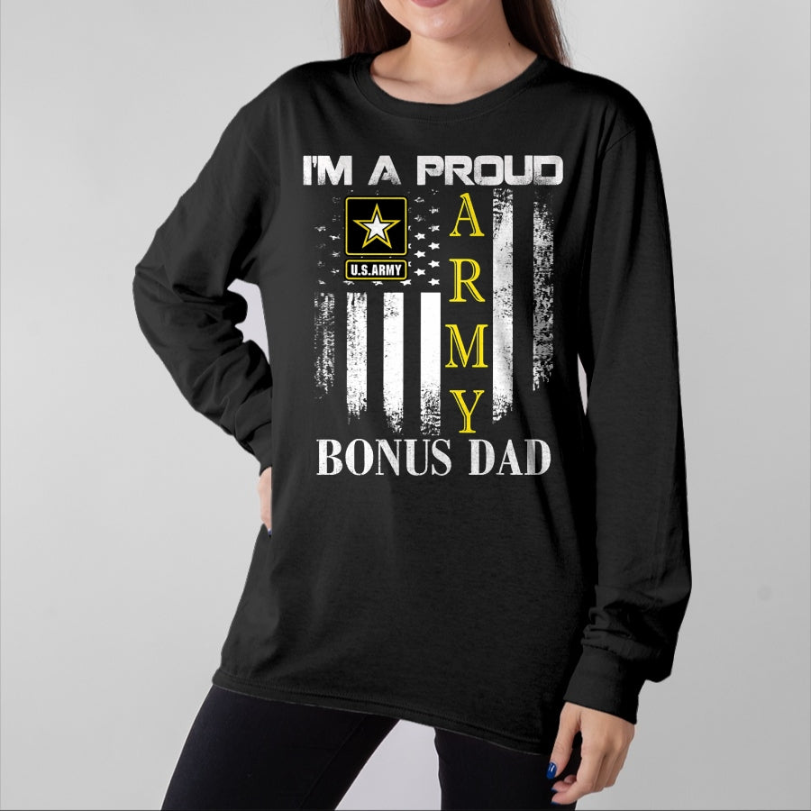 Gift for Dad Shirt, Funny Dad Unisex T-Shirt/Hoodie/Sweatshirt HLT00 – Vintage I_m A Proud Army Bonus Dad With American Flag Gift T-Shirt