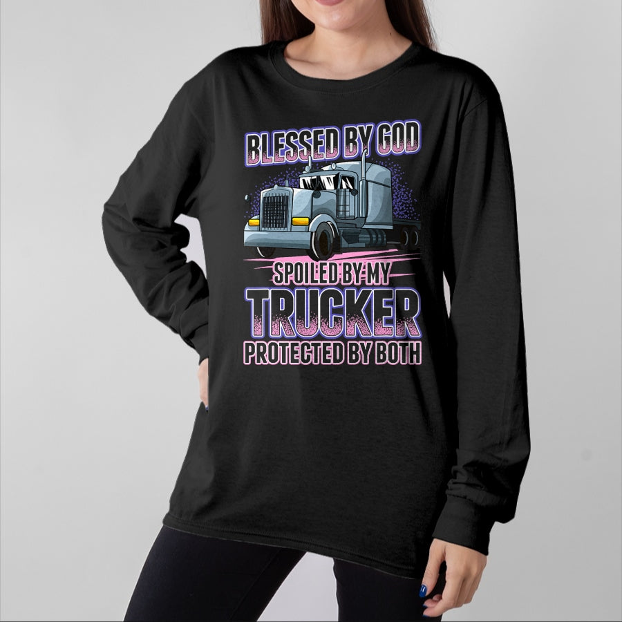 Best Wife Shirt, Wife and Husband Unisex T-Shirt/Hoodie/Sweatshirt HLT00 - Gift for wife T shirt, spoiled wife Blessed by God Spoiled by my Trucker Funny Trucker Wife T-Shir (1)