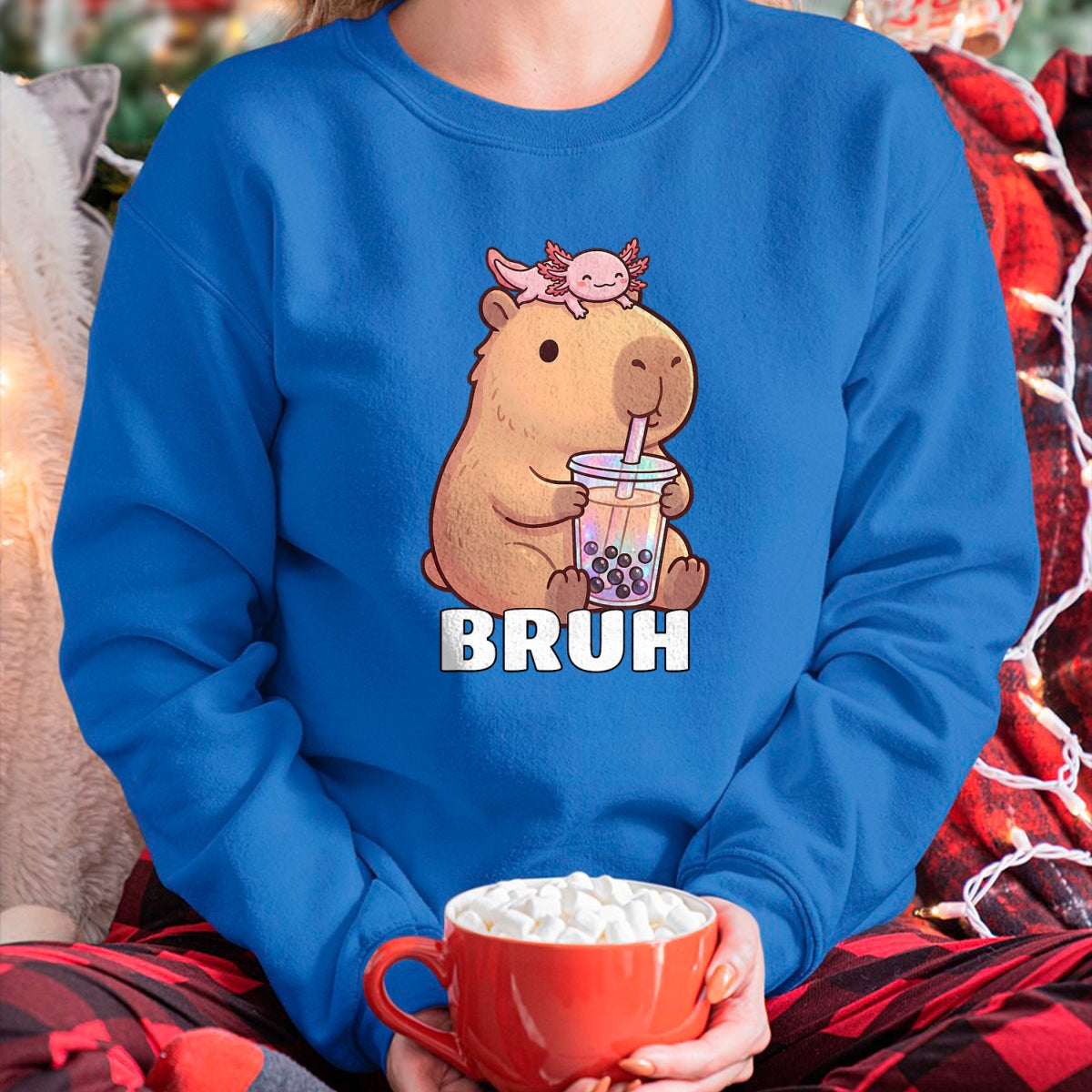 Cute Capybara Shirt, Funny Capybara Unisex T-Shirt/Hoodie/Sweatshirt HLT00 - Cute Bruh Capybara Drinking Bubble Tea Axolotl Funny Kawaii T-Shirt