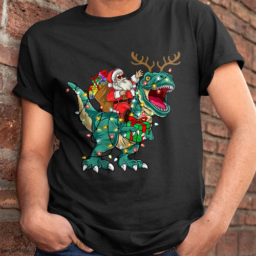 Christmas Shirts for Family, Funny christmas shirts, Christmas Unisex T-Shirt/Hoodie/Sweatshirt HLT00 - Santa Riding Dinosaur T rex Deer Kids Boys Men Christmas T-Shirt