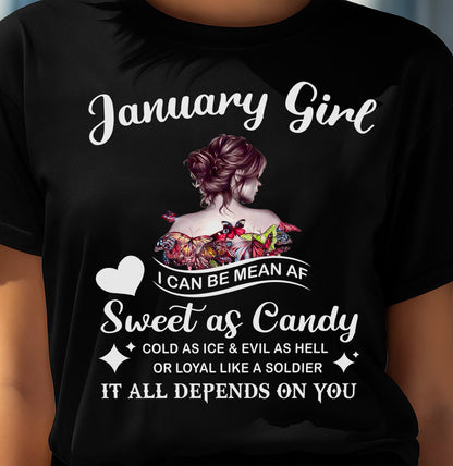 January Girl T-Shirt – Sweet As Candy, Cold As Ice - Birthday Gift for Women - DTSM01 (SKU26T-01-38-01)