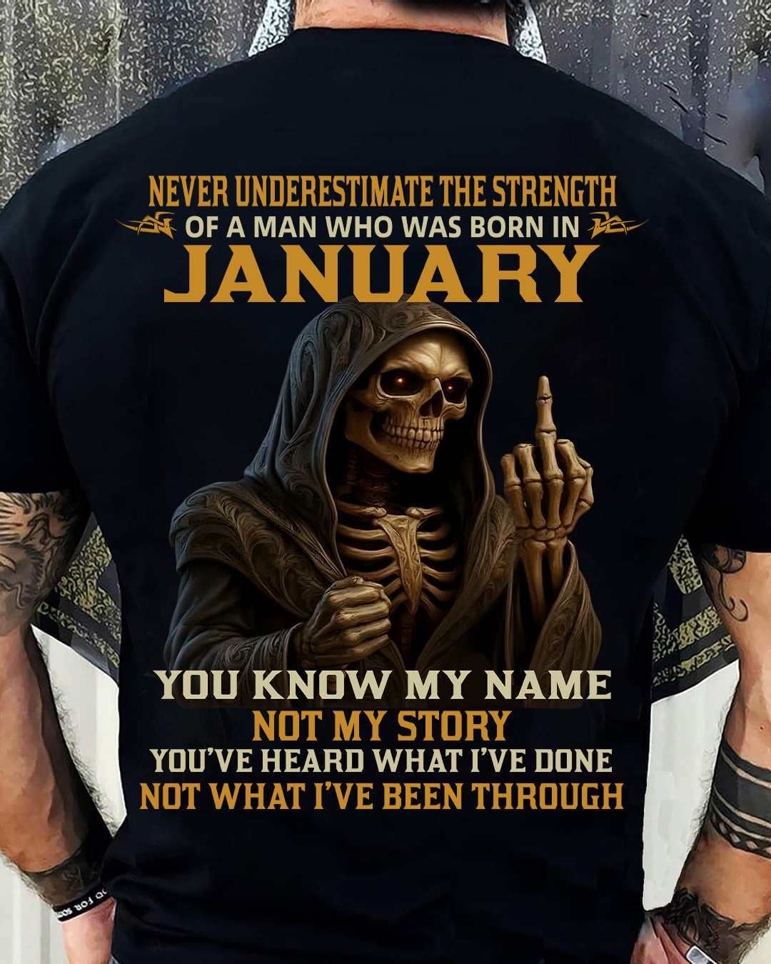 JANUARY - NEVER UNDERESTIMATE - BIRTHDAY T-SHIRT FOR MEN - DTSM01 (SKU26T-01-06-01)