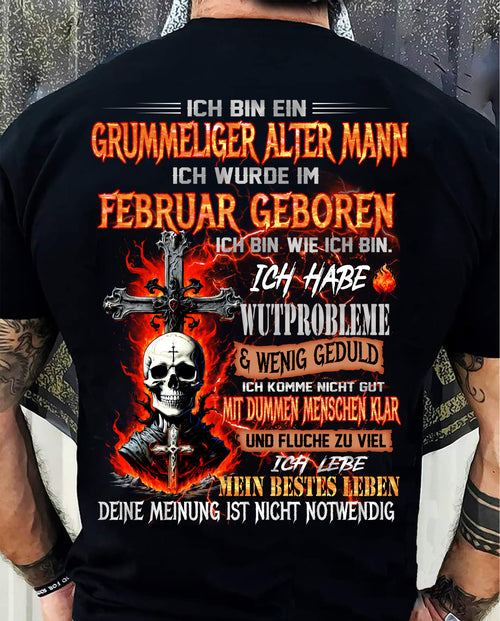 FEBRUAR MANN SHIRT – GRUMMELIGER ALTER MANN GEBOREN IM FEBRUAR – LUSTIGES SCHÄDEL KREUZ T-SHIRT FÜR MÄNNER - DTSM02 (SKU2605-174-02)