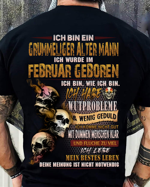 FEBRUAR MANN SHIRT – GRUMMELIGER ALTER MANN GEBOREN IM FEBRUAR – LUSTIGES SCHÄDEL KREUZ T-SHIRT FÜR MÄNNER - DTSM02 (SKU2605-177-02)