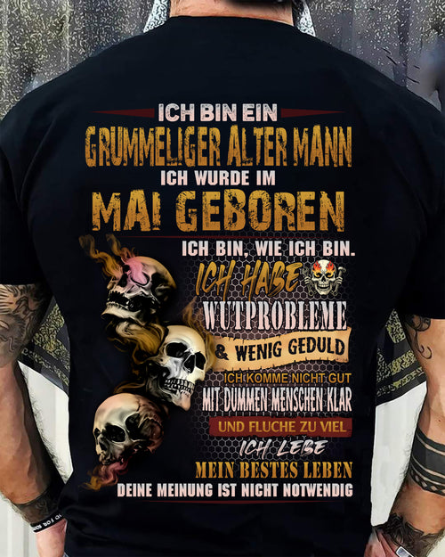 MAI MANN SHIRT – GRUMMELIGER ALTER MANN GEBOREN IM MAI – LUSTIGES SCHÄDEL KREUZ T-SHIRT FÜR MÄNNER - DTSM05 (SKU2605-177-05)