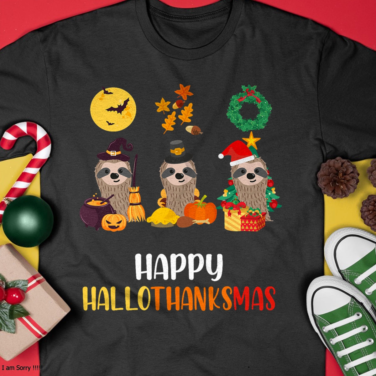 Christmas Shirts for Family, Funny christmas shirts, Christmas Unisex T-Shirt/Hoodie/Sweatshirt HLT00 - Sloth Halloween Christmas Happy Hallothanksmas Thanksgiving T-Shirt