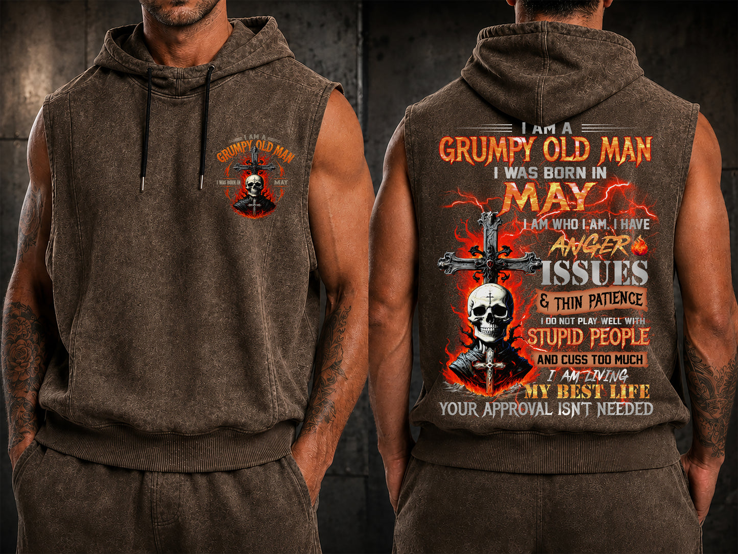 MAY - GRUMPY OLD MAN - FULLY PRINTED HOODED VEST - PERFECT GIFT FOR MEN DTSM05 (SKU2607-07-05)