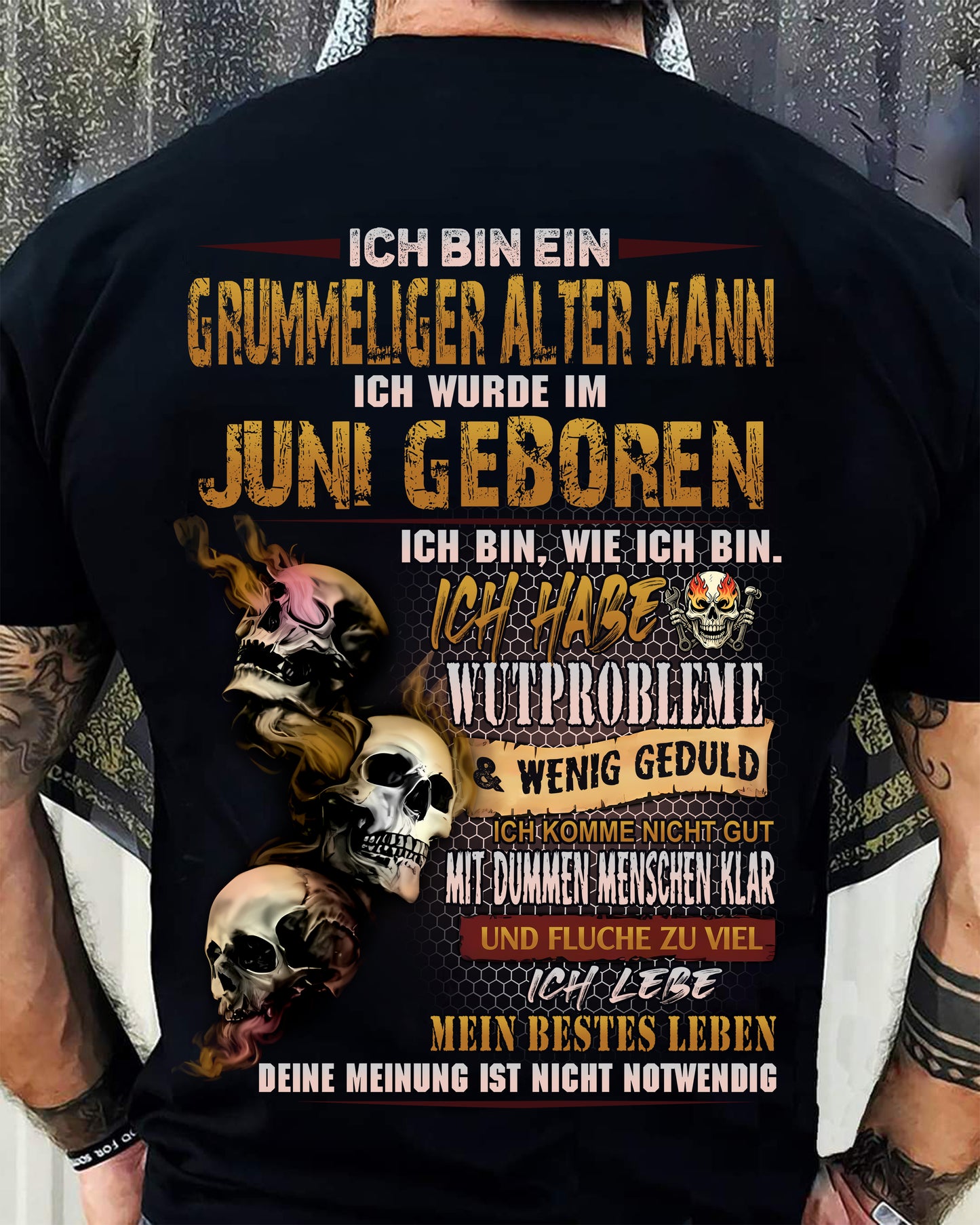 JUNI MANN SHIRT – GRUMMELIGER ALTER MANN GEBOREN IM JUNI – LUSTIGES SCHÄDEL KREUZ T-SHIRT FÜR MÄNNER - DTSM06 (SKU2605-177-06)