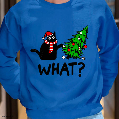 Christmas Shirts for Family, Funny christmas shirts, Christmas Unisex T-Shirt/Hoodie/Sweatshirt HLT00 - Funny Black Cat Gift Pushing Christmas Tree Over Cat What T-Shirt
