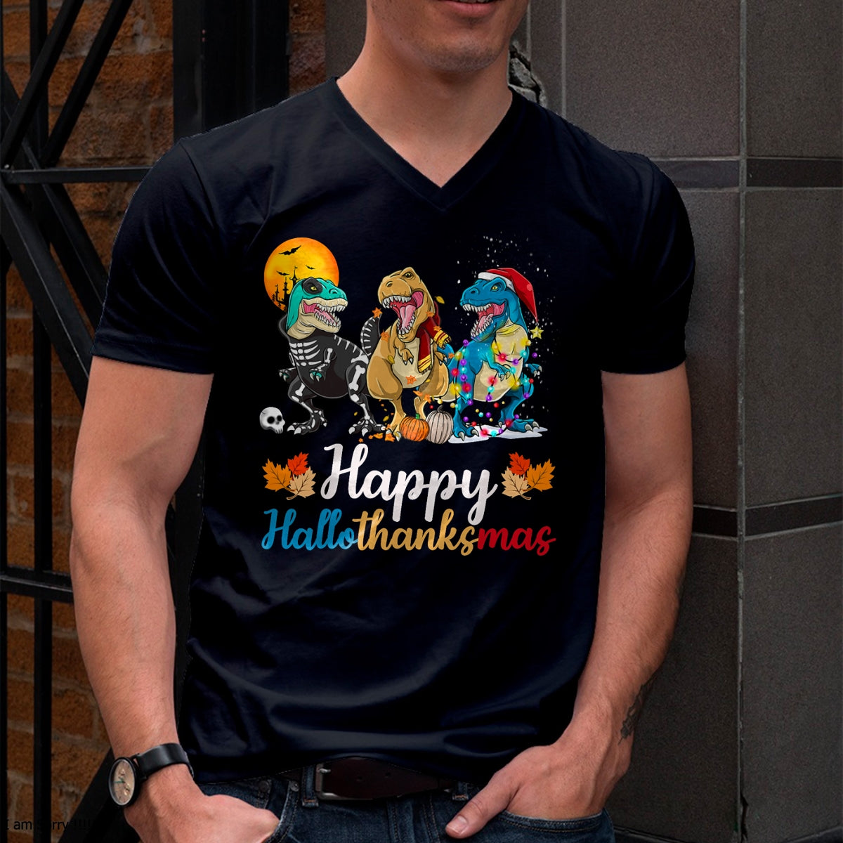 Christmas Shirts for Family, Funny christmas shirts, Christmas Unisex T-Shirt/Hoodie/Sweatshirt HLT00 - Halloween Thanksgiving Christmas Happy HalloThanksMas T rex T-Shirt