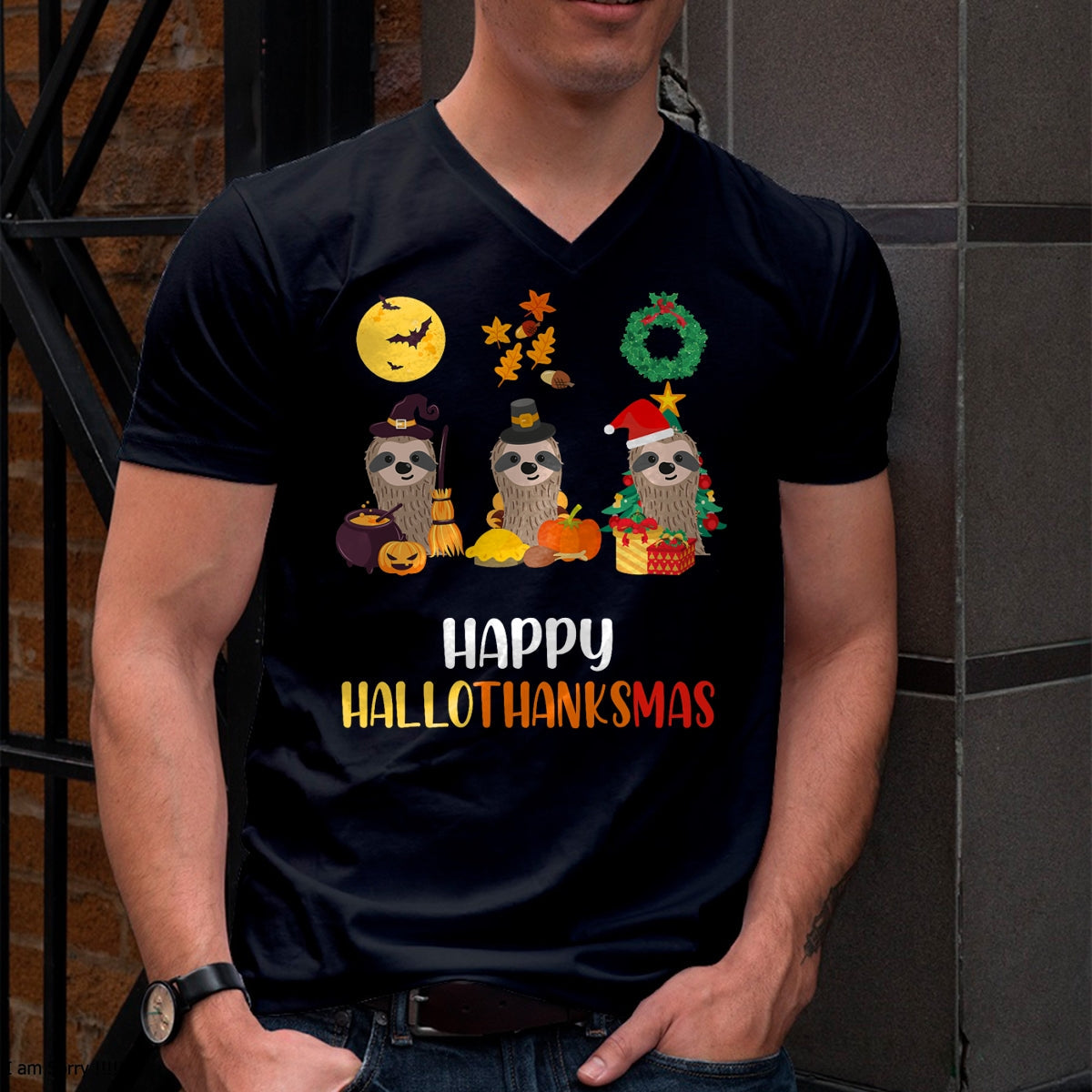 Christmas Shirts for Family, Funny christmas shirts, Christmas Unisex T-Shirt/Hoodie/Sweatshirt HLT00 - Sloth Halloween Christmas Happy Hallothanksmas Thanksgiving T-Shirt