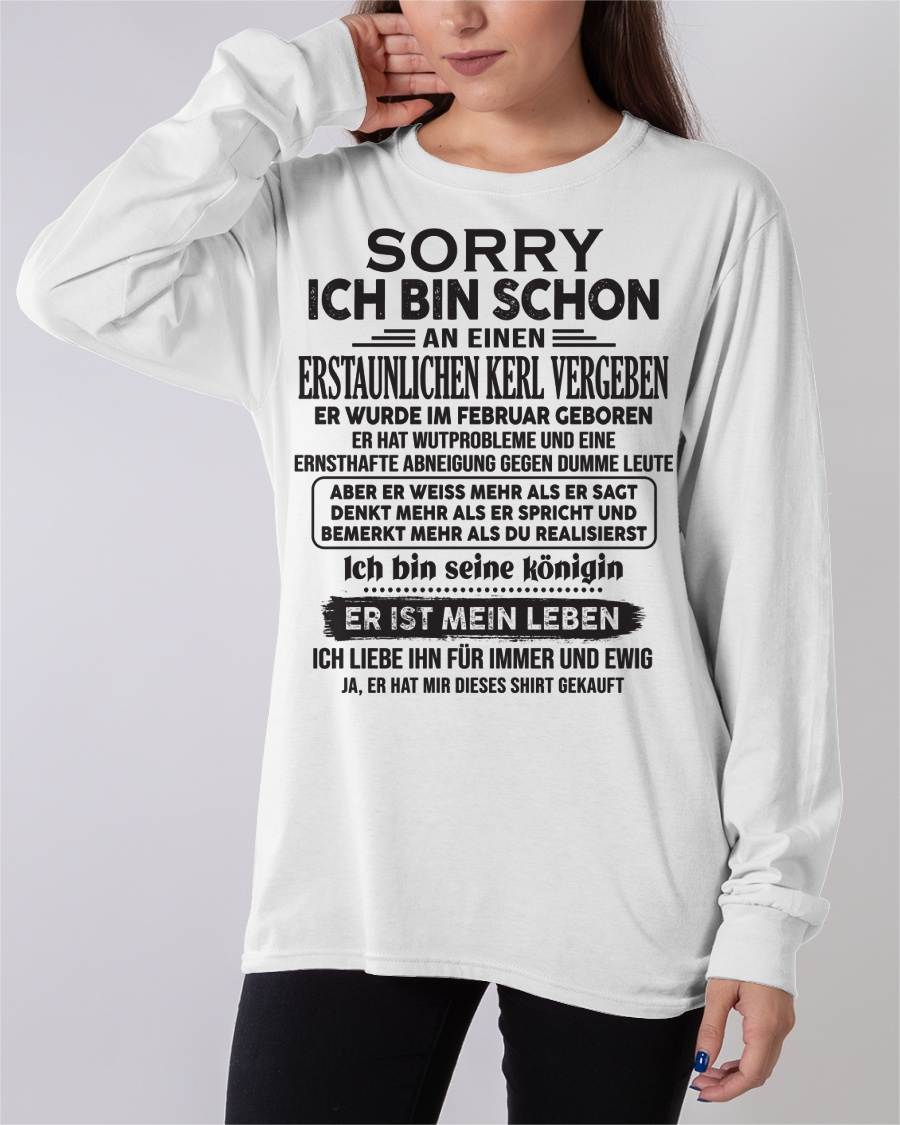 FEBRUAR – SORRY ICH BIN SCHON VERGEBEN AN EINEN ERSTAUNLICHEN KERL – GESCHENK FÜR FREUNDIN EHEFRAU – LUSTIGES PAAR T-SHIRT - DTSM02 - (SKU04-136-02)