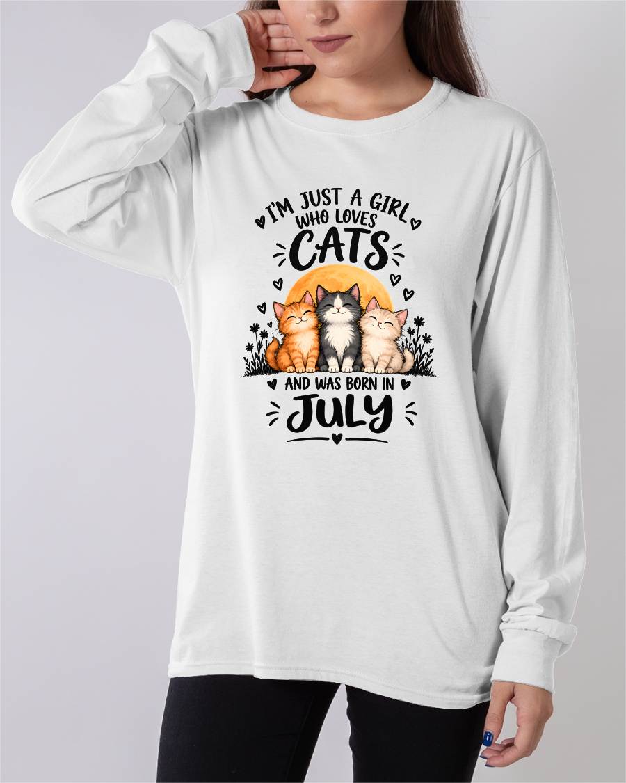 JULY - I'M JUST A GIRL WHO LOVES CATS AND WAS BORN IN JULY CAT LOVER SHIRT - T-SHIRT FOR WOMEN - DTSM07 (SKU2609-324-07)