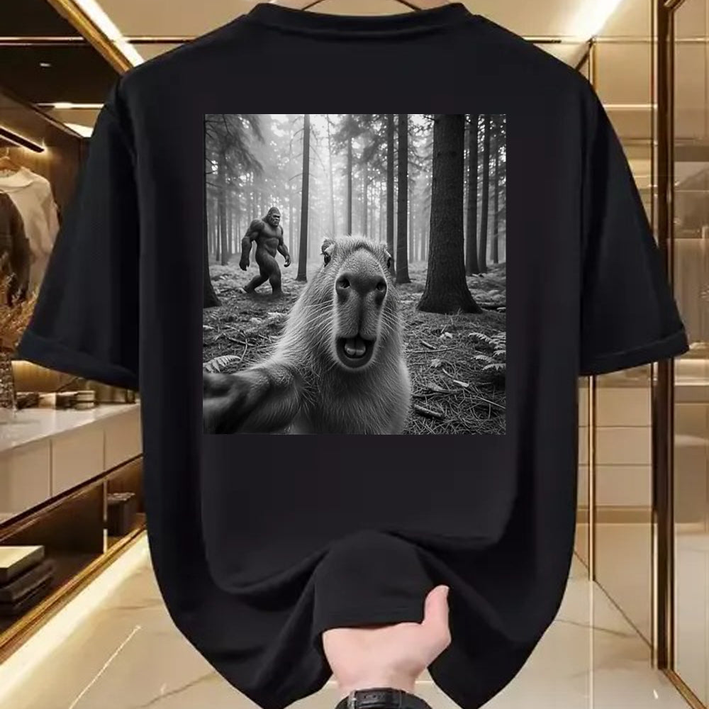 Cute Capybara Shirt, Funny Capybara Unisex T-Shirt/Hoodie/Sweatshirt HLT00 - Funny Capybara Selfie with Sasquatsch Bigfoot for Men Women T-Shirt, Men, Black, 3X-Large