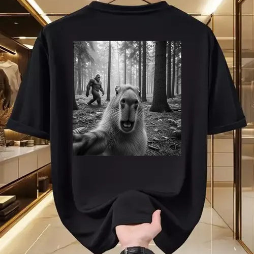 Cute Capybara Shirt, Funny Capybara Unisex T-Shirt/Hoodie/Sweatshirt HLT00 - Funny Capybara Selfie with Sasquatsch Bigfoot for Men Women T-Shirt, Men, Black, 3X-Large