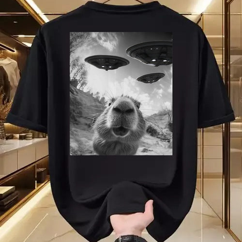 Cute Capybara Shirt, Funny Capybara Unisex T-Shirt/Hoodie/Sweatshirt HLT00 - Funny Capybara Selfie with UFOs Weird Graphic Tee Alien UFO T-Shirt