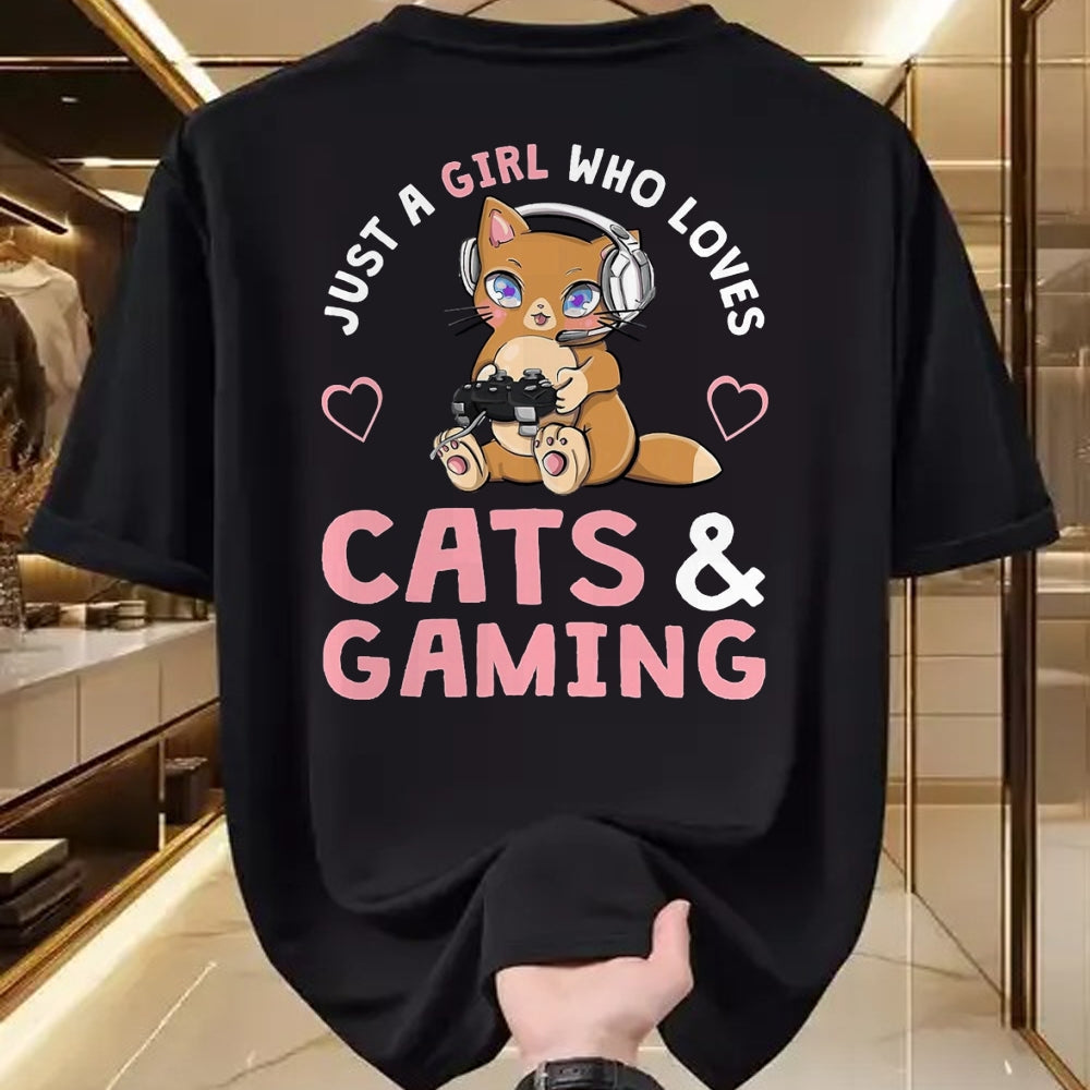 Cat Love Shirt, Funny Cat Lover Gift UnisexT-Shirt/Hoodie/Sweatshirt HLT00 - Just A Girl Who Loves Cats and Gaming Cute Gamer Cat T-Shirt, Men, Black, 3X-Large