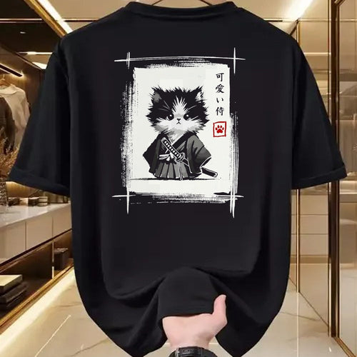 Cat Love Shirt, Funny Cat Lover Gift UnisexT-Shirt/Hoodie/Sweatshirt HLT00 - Samurai Cat Japanese Art Sumi-e Novelty Kawaii Funny Cat T-Shirt, Men, Black, Large