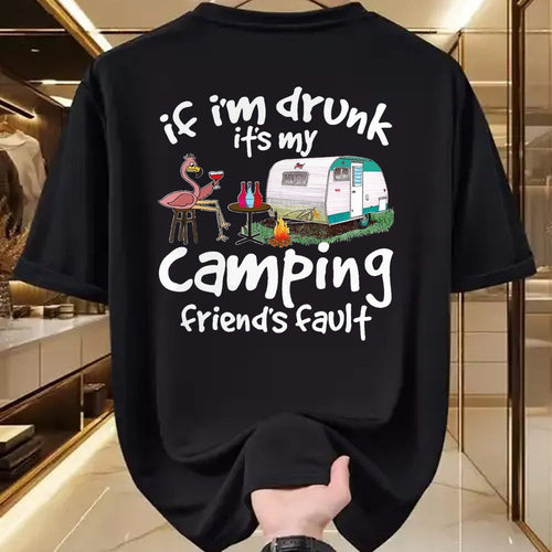 Funny Camping Shirt, Gift For Camping Lover Unisex T-Shirt/Hoodie/Sweatshirt HLT00 - If I_m Drunk It_s My Camping Friend_s Fault Funny Flamingo T-Shirt, Men, Black, 3X-Large