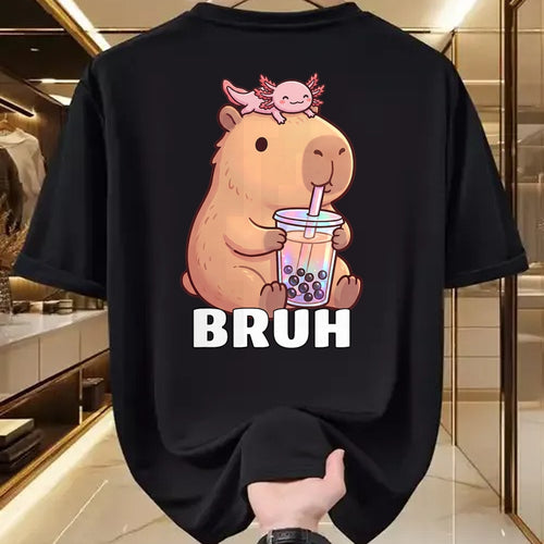 Cute Capybara Shirt, Funny Capybara Unisex T-Shirt/Hoodie/Sweatshirt HLT00 - Cute Bruh Capybara Drinking Bubble Tea Axolotl Funny Kawaii T-Shirt