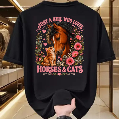 Cat Love Shirt, Funny Cat Lover Gift UnisexT-Shirt/Hoodie/Sweatshirt HLT00 - Just a Girl Who Loves Horses and Cats Floral Animal Lover T-Shirt