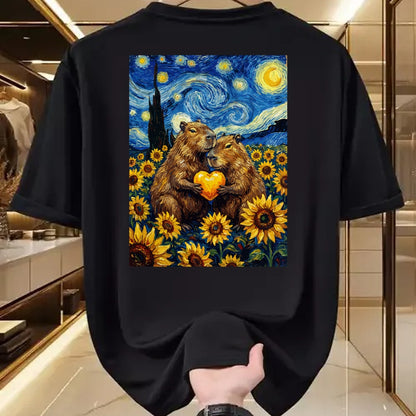Cute Capybara Shirt, Funny Capybara Unisex T-Shirt/Hoodie/Sweatshirt HLT00 - Capybara Starry Night with Heart and Sunflowers Long Sleeve T-Shirt