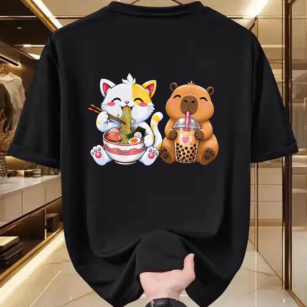 Cute Capybara Shirt, Funny Capybara Unisex T-Shirt/Hoodie/Sweatshirt HLT00 - Cute Cat Capybara Ramen Boba Kawaii Anime Noodle Bubble Tea T-Shirt
