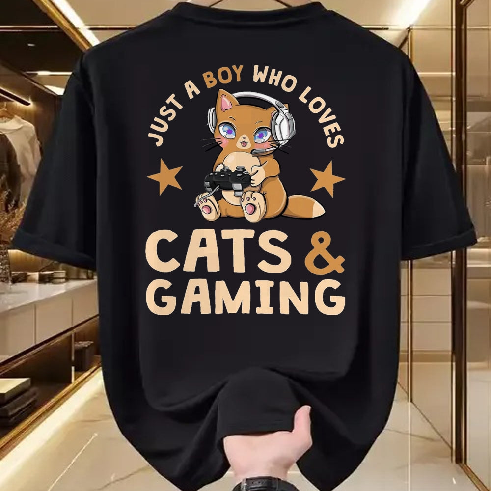 Cat Love Shirt, Funny Cat Lover Gift UnisexT-Shirt/Hoodie/Sweatshirt HLT00 - Just A Boy Who Loves Cats and Gaming Cute Gamer Cat T-Shirt, Men, Black, 3X-Large
