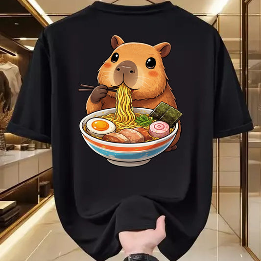 Cute Capybara Shirt, Funny Capybara Unisex T-Shirt/Hoodie/Sweatshirt HLT00 - Capybara Eating Ramen Noodles Japanese Kawaii Graphic T-Shirt