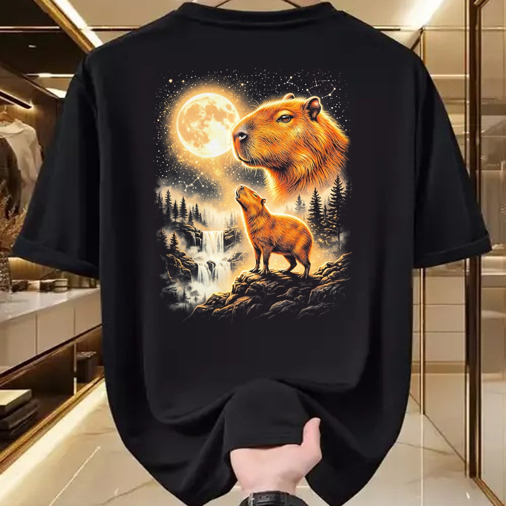 Cute Capybara Shirt, Funny Capybara Unisex T-Shirt/Hoodie/Sweatshirt HLT00 - Capybara Howling At The Moon Forest Waterfall Art T-Shirt