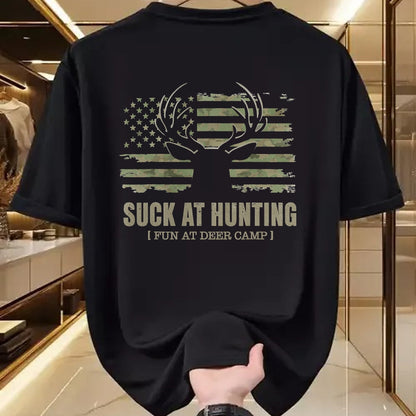 Funny Camping Shirt, Gift For Camping Lover Unisex T-Shirt/Hoodie/Sweatshirt HLT00 - Suck At Hunting Fun At Deer Camp Funny Man Hunter Camping T-Shirt